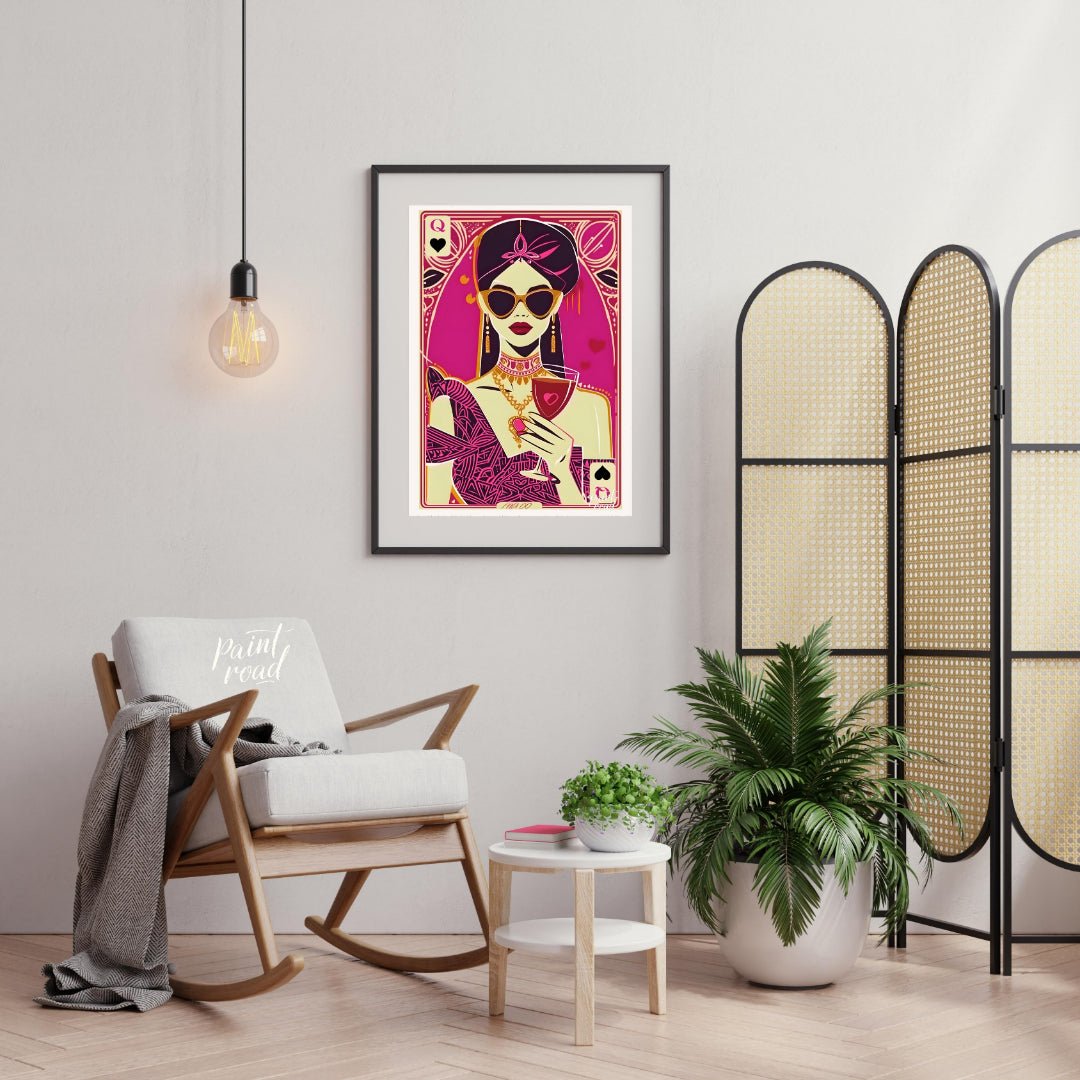 "Queen of Hearts Noir" presents a stylized, graphic illustration of a woman, reminiscent of a playi… for living room