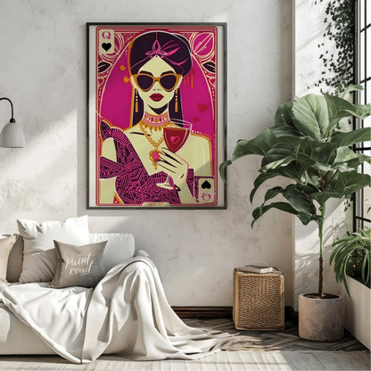 "Queen of Hearts Noir" presents a stylized, graphic illustration of a woman, reminiscent of a playi… for living room