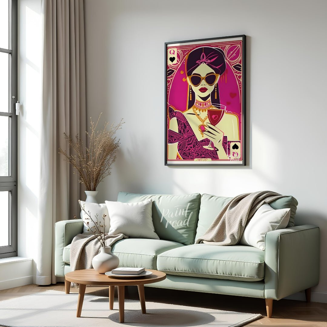 "Queen of Hearts Noir" presents a stylized, graphic illustration of a woman, reminiscent of a playi… for living room