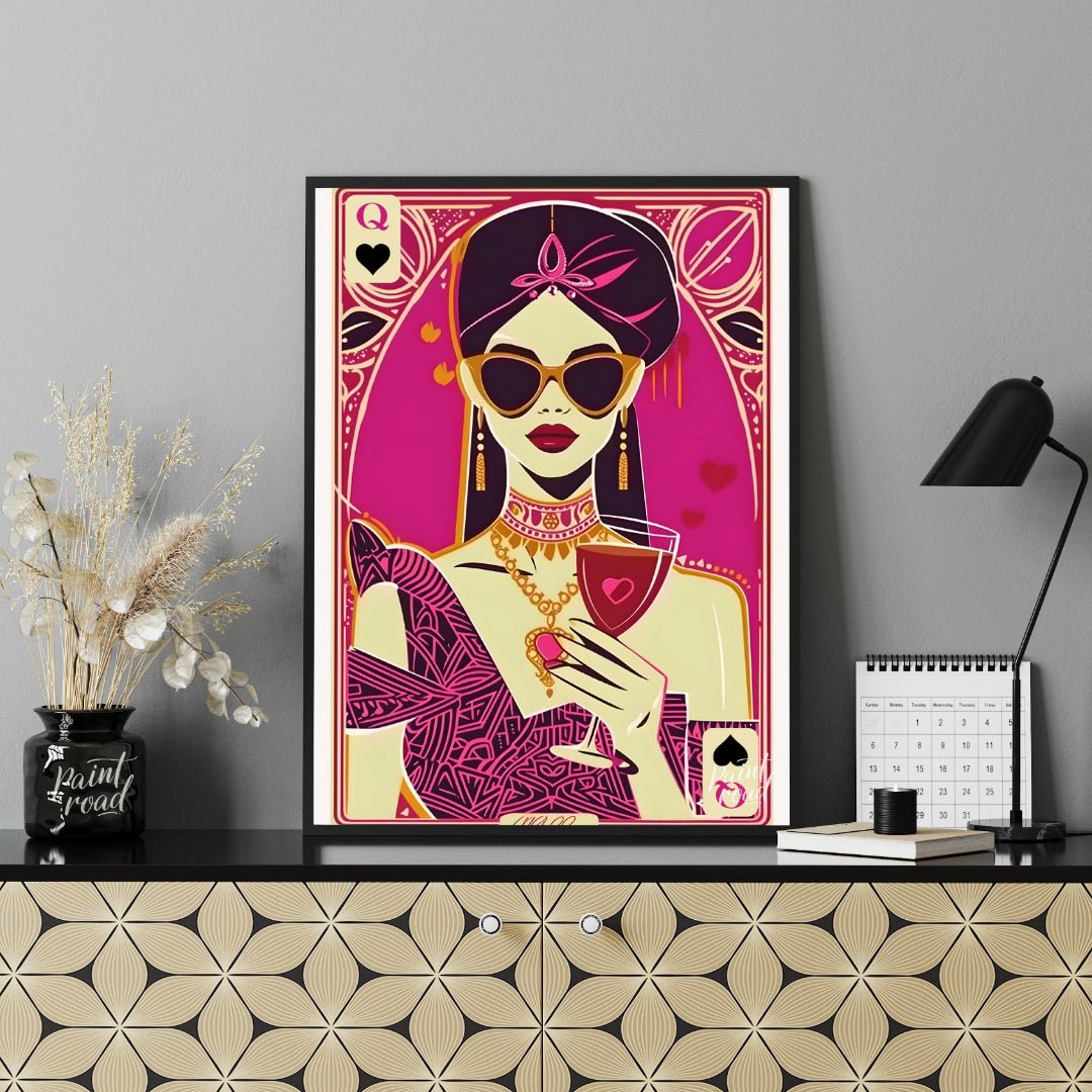 "Queen of Hearts Noir" presents a stylized, graphic illustration of a woman, reminiscent of a playi… for office