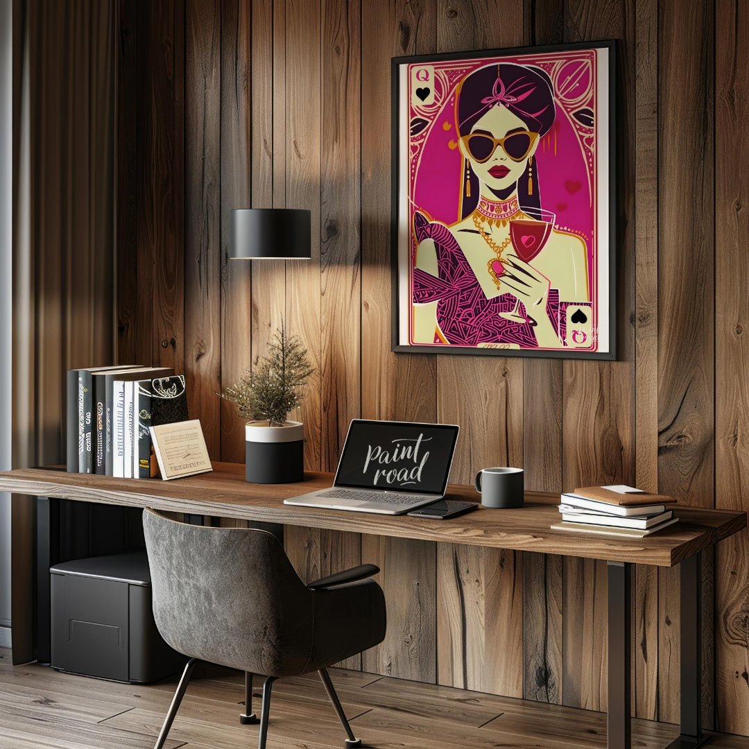 "Queen of Hearts Noir" presents a stylized, graphic illustration of a woman, reminiscent of a playi… for office