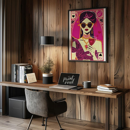"Queen of Hearts Noir" presents a stylized, graphic illustration of a woman, reminiscent of a playi… for office