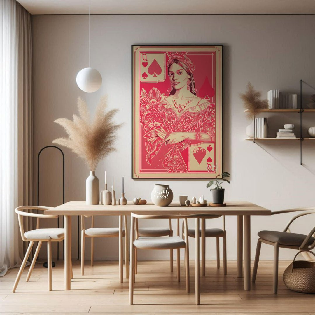 This striking digital illustration reimagines the Queen of Spades playing card with a contemporary … for dining room