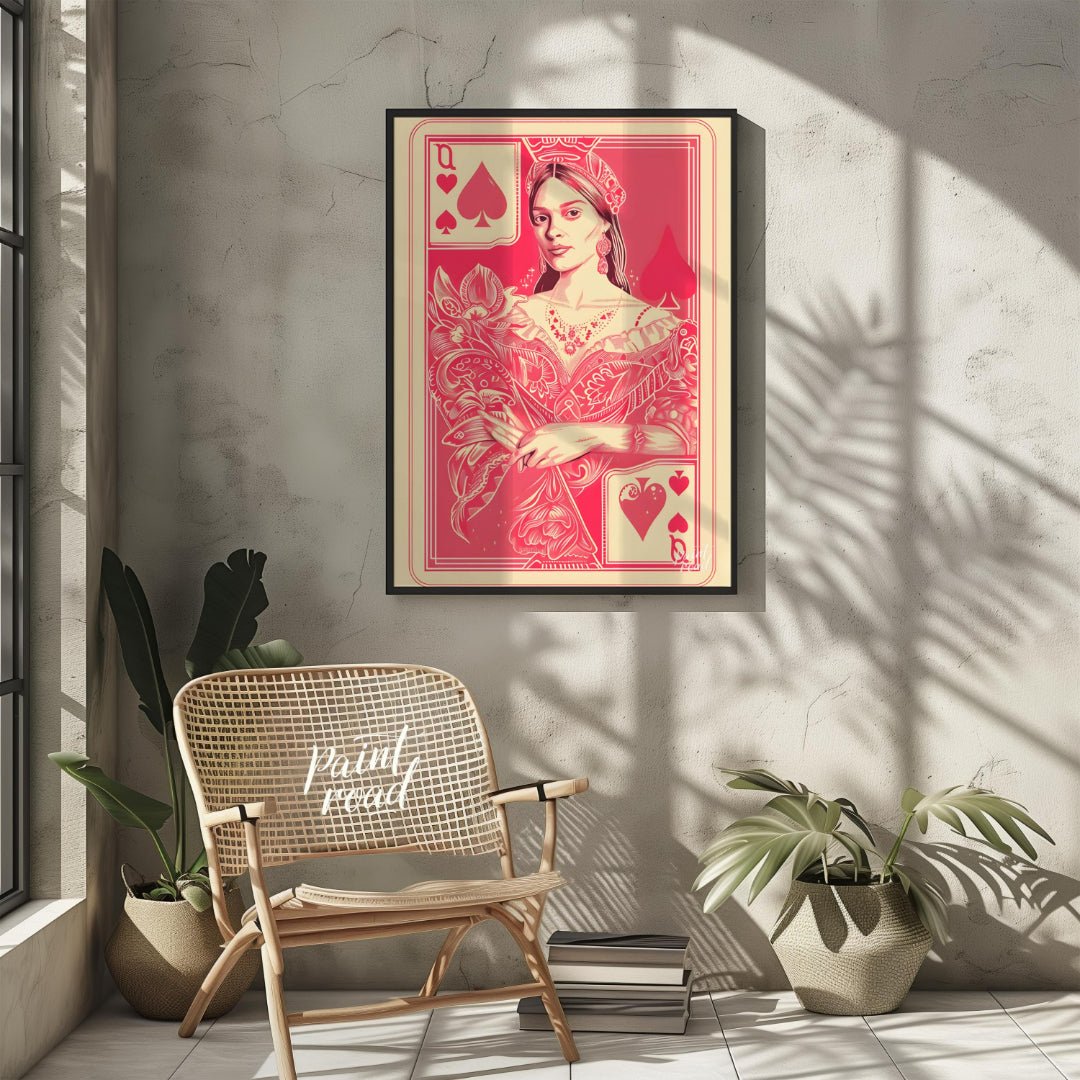 This striking digital illustration reimagines the Queen of Spades playing card with a contemporary … for living room