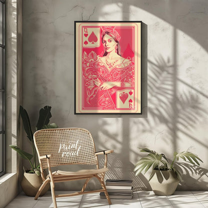This striking digital illustration reimagines the Queen of Spades playing card with a contemporary … for living room
