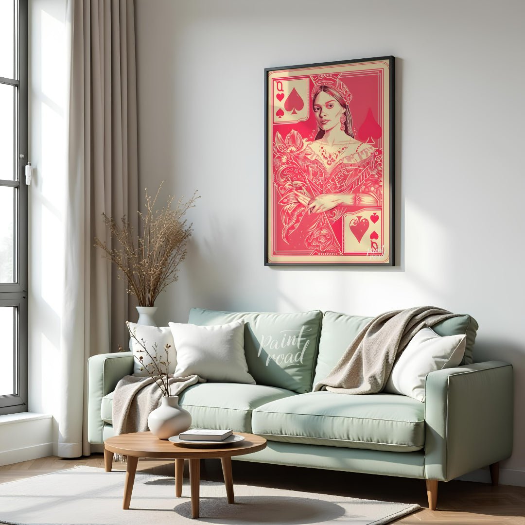 This striking digital illustration reimagines the Queen of Spades playing card with a contemporary … for living room