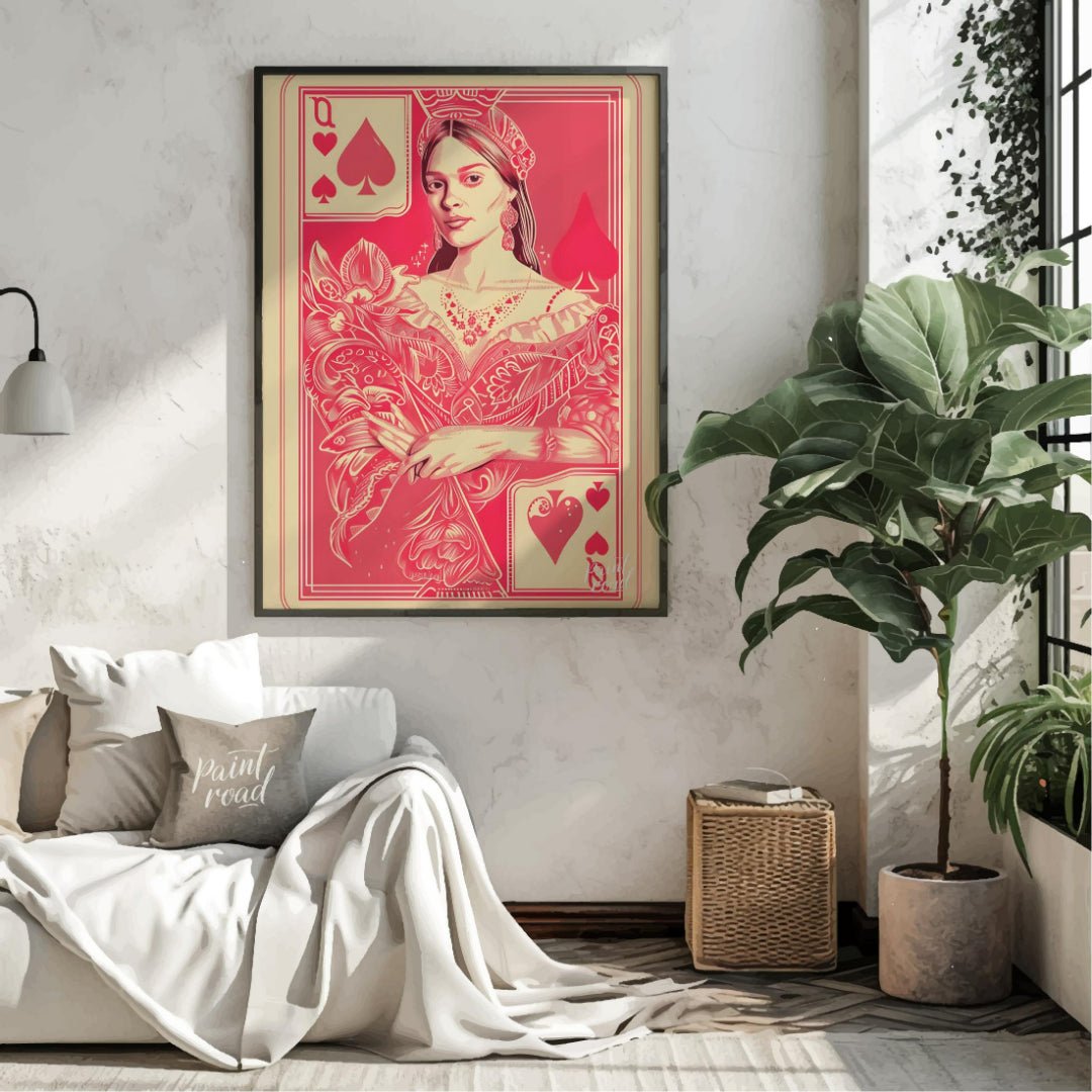 This striking digital illustration reimagines the Queen of Spades playing card with a contemporary … for living room