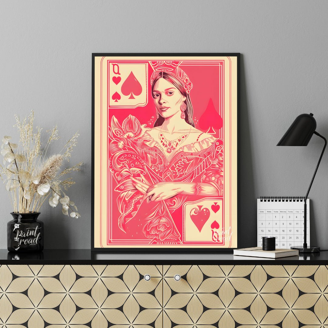 This striking digital illustration reimagines the Queen of Spades playing card with a contemporary … for office