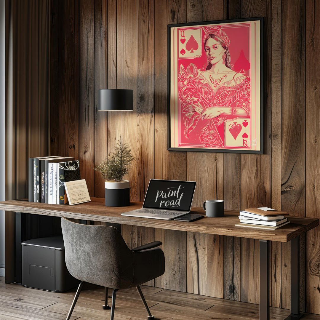 This striking digital illustration reimagines the Queen of Spades playing card with a contemporary … for office
