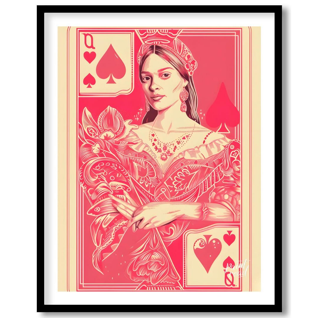 This striking digital illustration reimagines the Queen of Spades playing card with a contemporary … for place