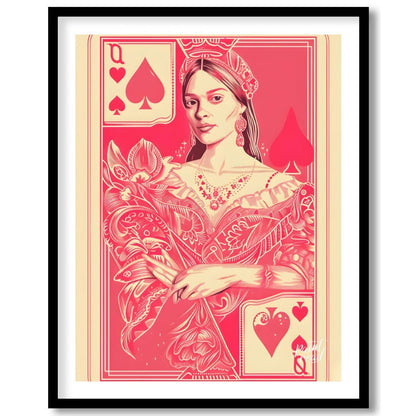 This striking digital illustration reimagines the Queen of Spades playing card with a contemporary … for place