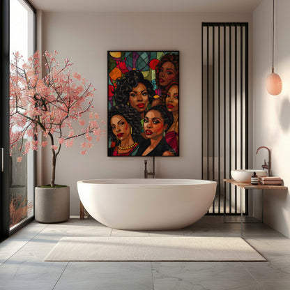 A vibrant and dynamic portrait of five powerful women, rendered in a bold and graphic style. The ar… for bathroom