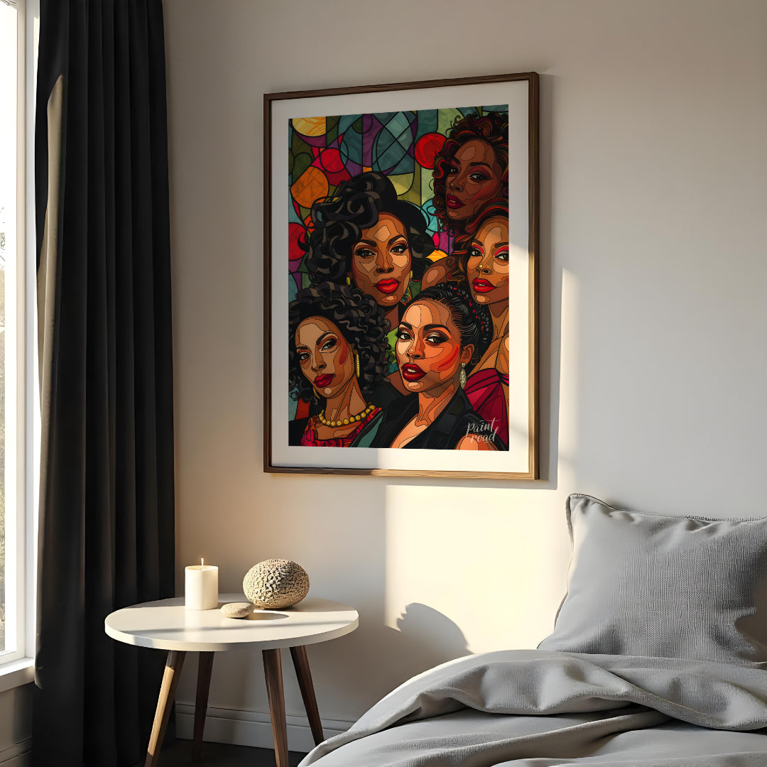 A vibrant and dynamic portrait of five powerful women, rendered in a bold and graphic style. The ar… for bedroom