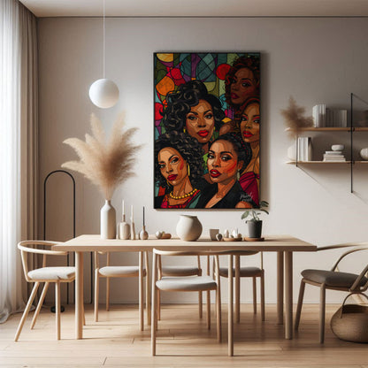 A vibrant and dynamic portrait of five powerful women, rendered in a bold and graphic style. The ar… for dining room