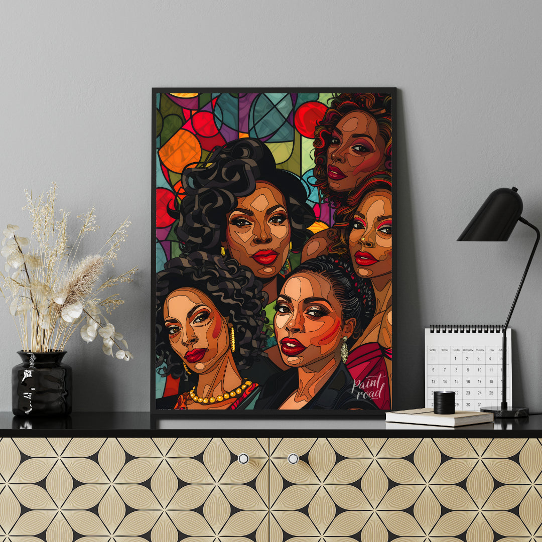 A vibrant and dynamic portrait of five powerful women, rendered in a bold and graphic style. The ar… for living room