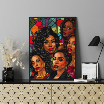 A vibrant and dynamic portrait of five powerful women, rendered in a bold and graphic style. The ar… for living room
