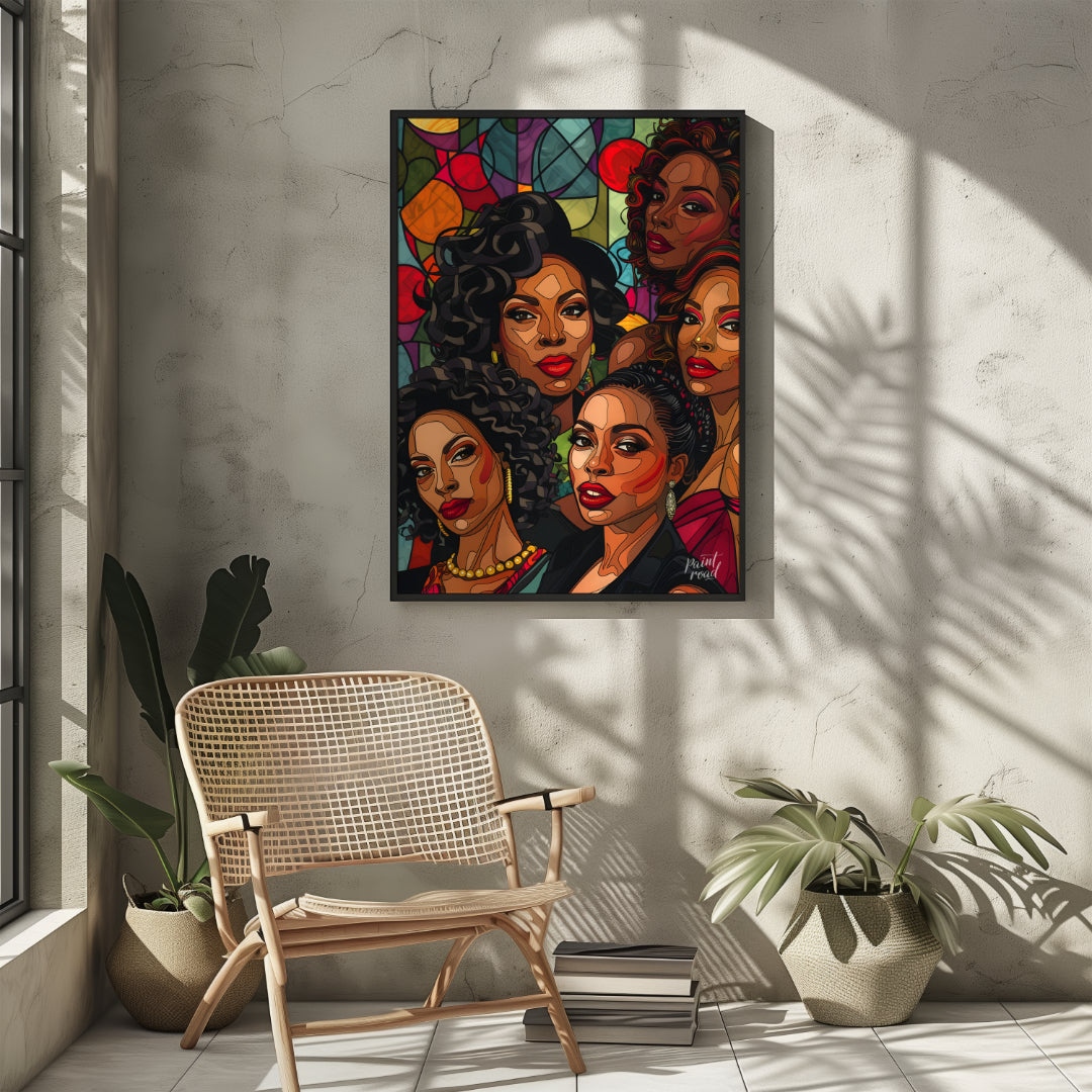 A vibrant and dynamic portrait of five powerful women, rendered in a bold and graphic style. The ar… for living room