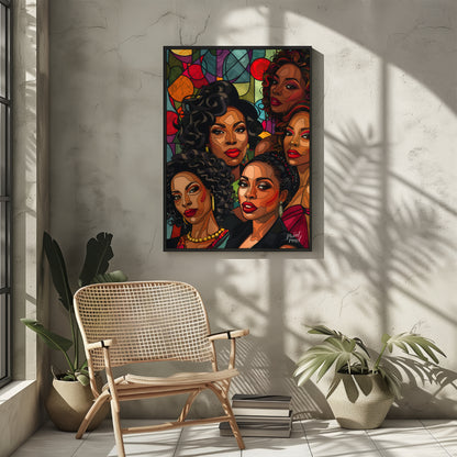 A vibrant and dynamic portrait of five powerful women, rendered in a bold and graphic style. The ar… for living room