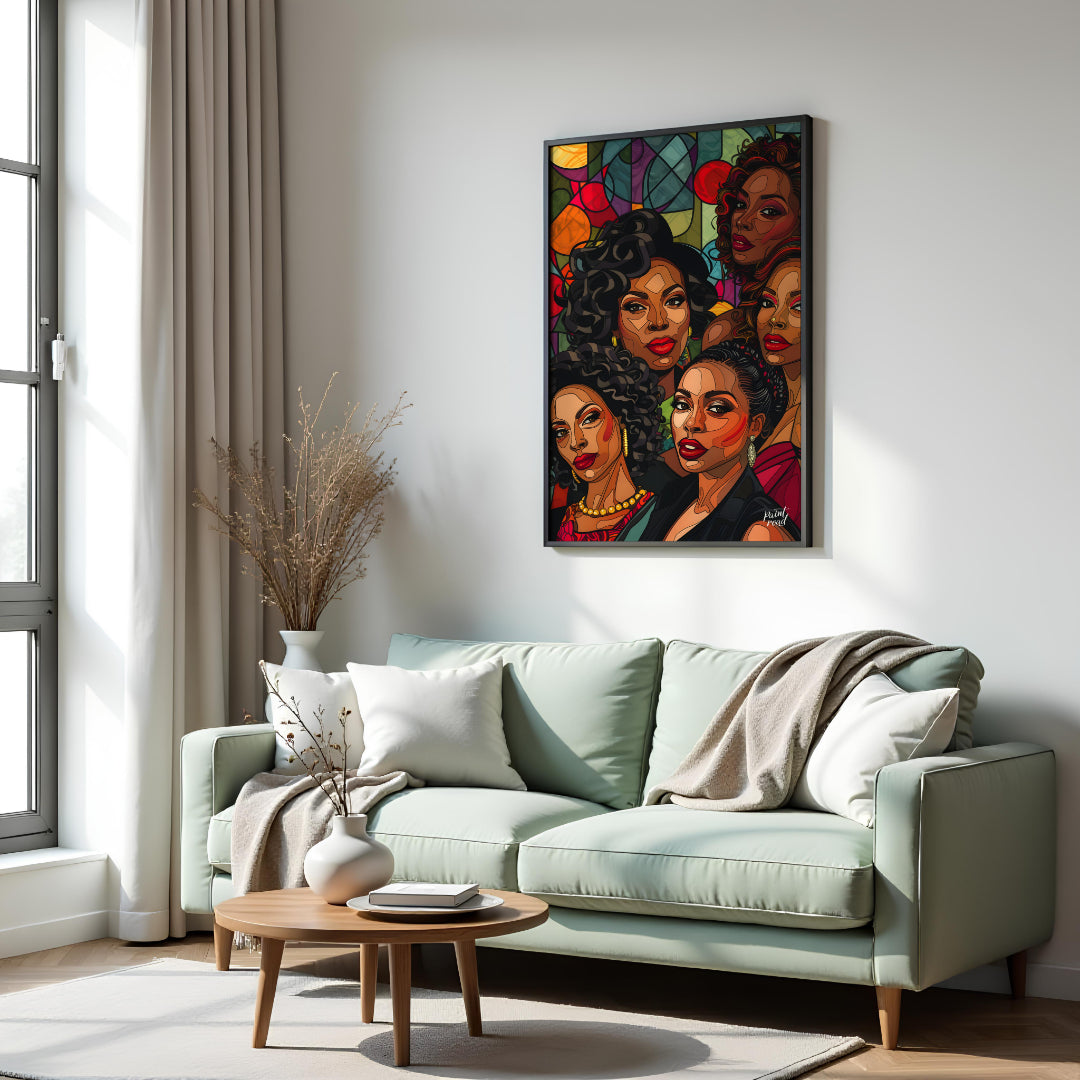 A vibrant and dynamic portrait of five powerful women, rendered in a bold and graphic style. The ar… for living room