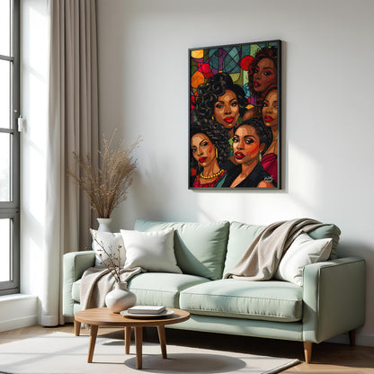 A vibrant and dynamic portrait of five powerful women, rendered in a bold and graphic style. The ar… for living room