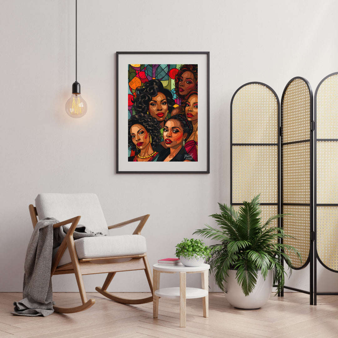A vibrant and dynamic portrait of five powerful women, rendered in a bold and graphic style. The ar… for living room
