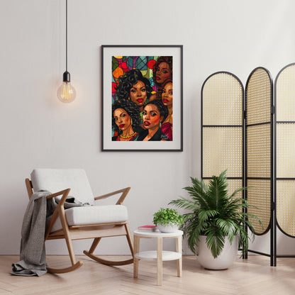 A vibrant and dynamic portrait of five powerful women, rendered in a bold and graphic style. The ar… for living room