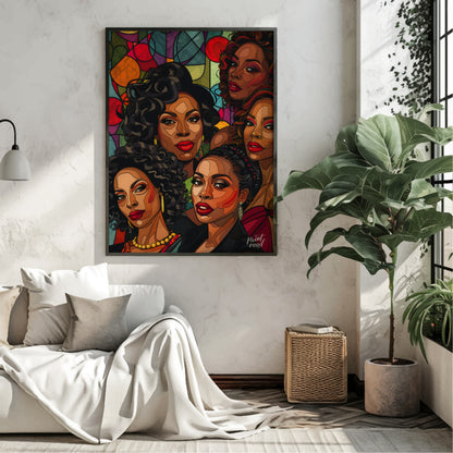 A vibrant and dynamic portrait of five powerful women, rendered in a bold and graphic style. The ar… for living room