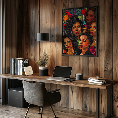 A vibrant and dynamic portrait of five powerful women, rendered in a bold and graphic style. The ar… for office