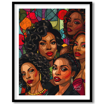 A vibrant and dynamic portrait of five powerful women, rendered in a bold and graphic style. The ar… for sweet home