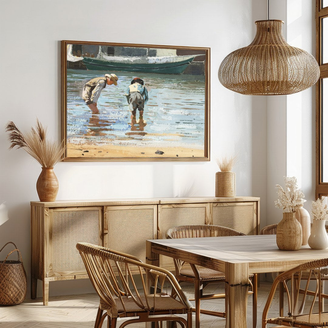 This captivating artwork captures the serene beauty of two individuals wading near the shoreline, for Dining