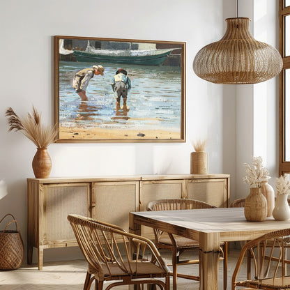This captivating artwork captures the serene beauty of two individuals wading near the shoreline, for Dining