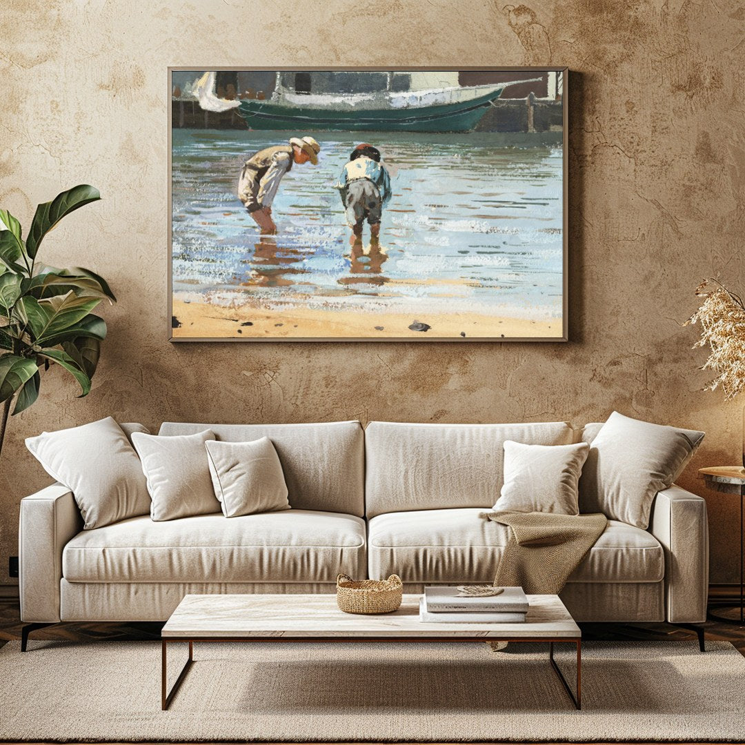 This captivating artwork captures the serene beauty of two individuals wading near the shoreline, for Family Room