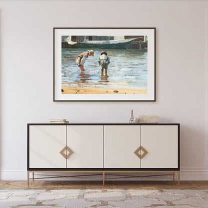 This captivating artwork captures the serene beauty of two individuals wading near the shoreline, for Foyer