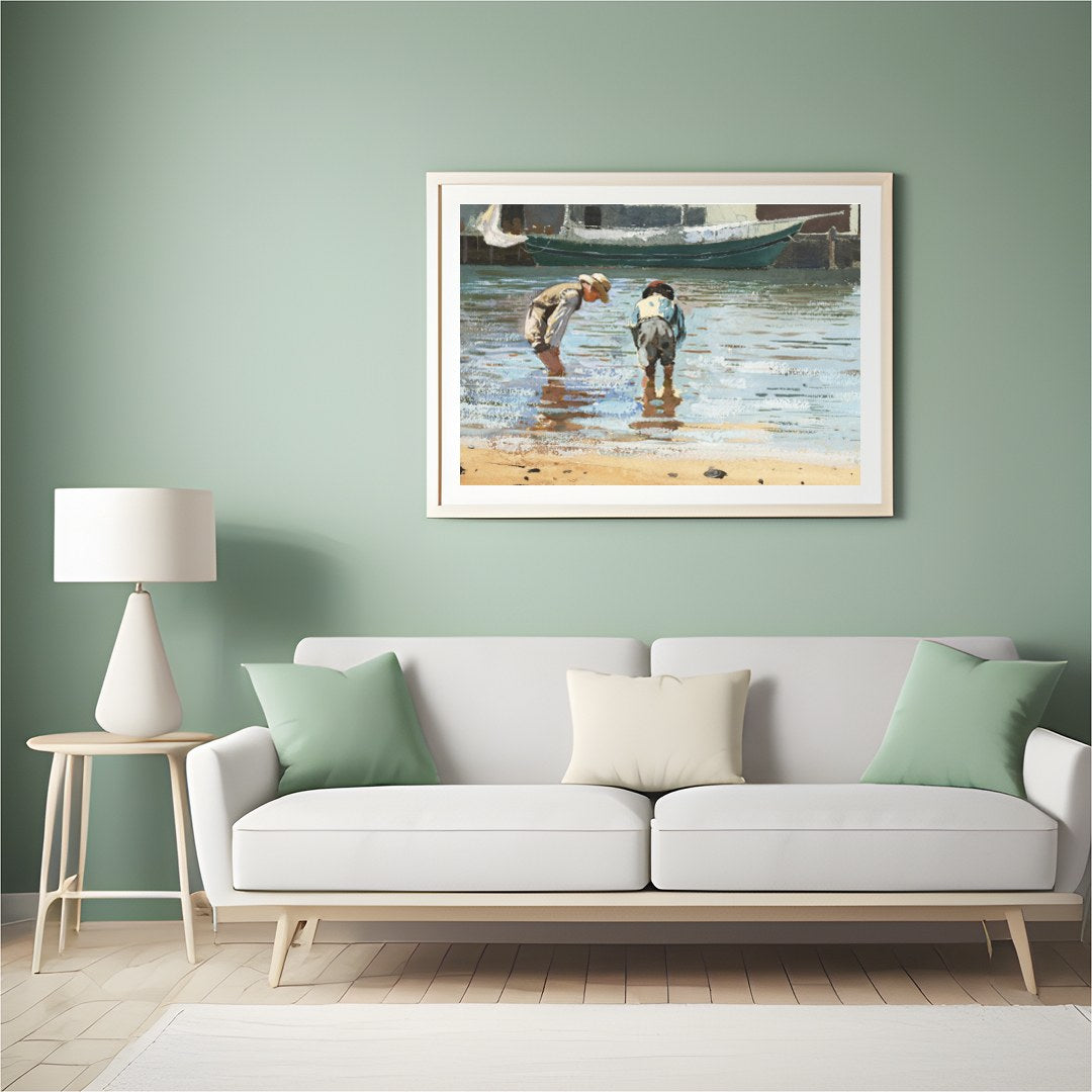 This captivating artwork captures the serene beauty of two individuals wading near the shoreline, for Hall