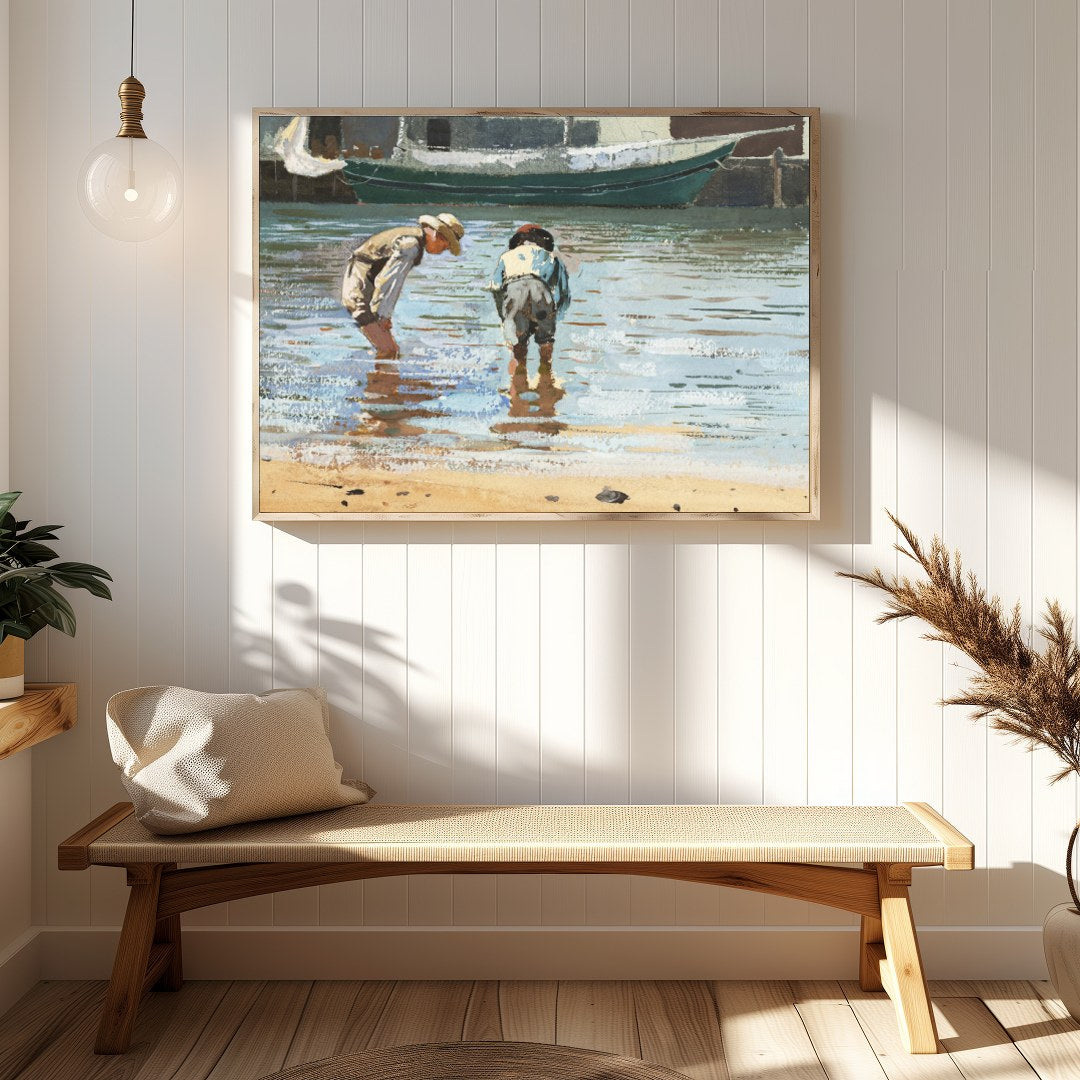 This captivating artwork captures the serene beauty of two individuals wading near the shoreline, for Hallway
