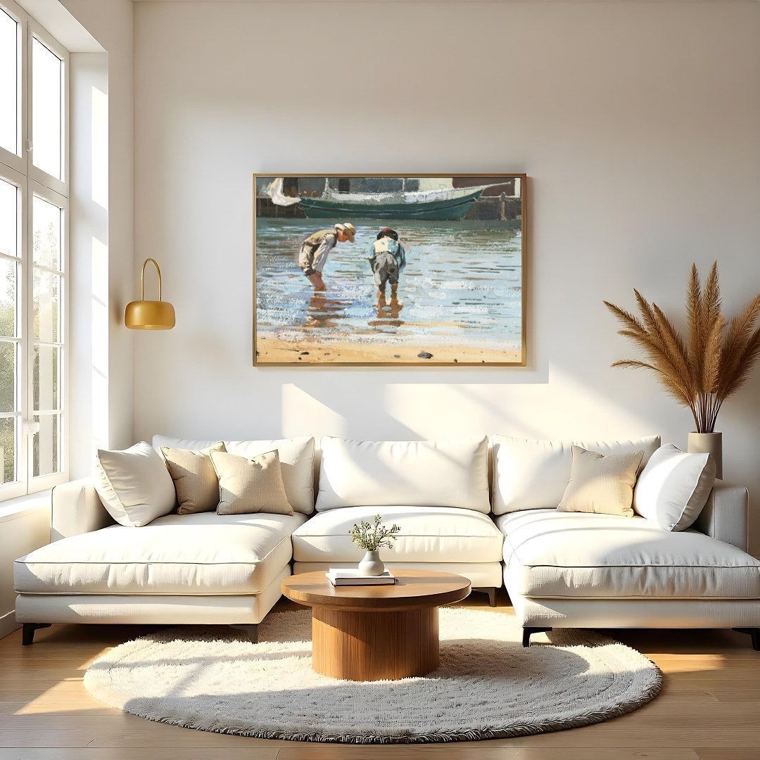 This captivating artwork captures the serene beauty of two individuals wading near the shoreline, for Living Room