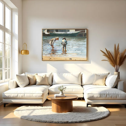This captivating artwork captures the serene beauty of two individuals wading near the shoreline, for Living Room