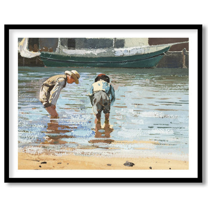 This captivating artwork captures the serene beauty of two individuals wading near the shoreline, for office