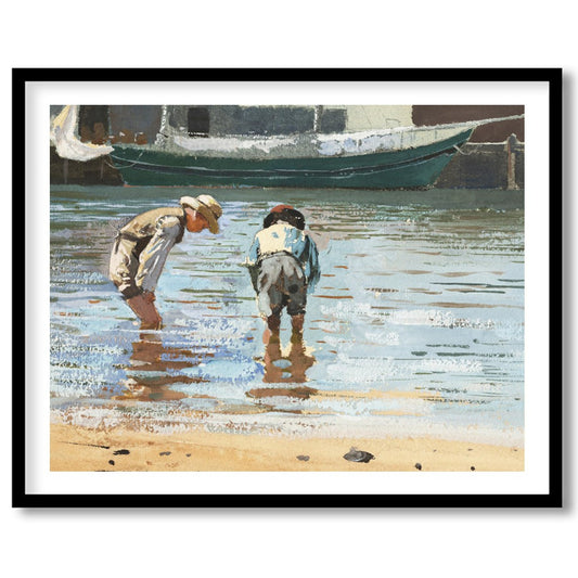 This captivating artwork captures the serene beauty of two individuals wading near the shoreline, for office