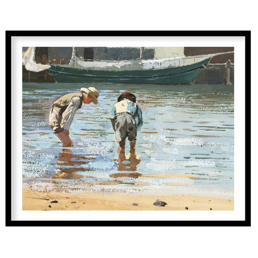 This captivating artwork captures the serene beauty of two individuals wading near the shoreline, for office