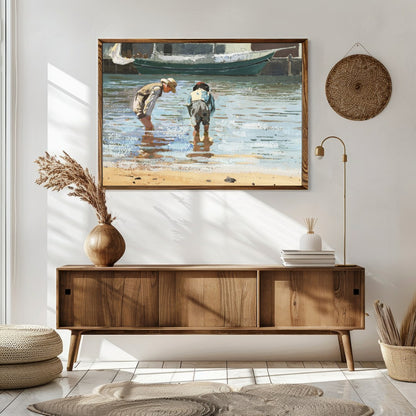 This captivating artwork captures the serene beauty of two individuals wading near the shoreline, for Sitting Area