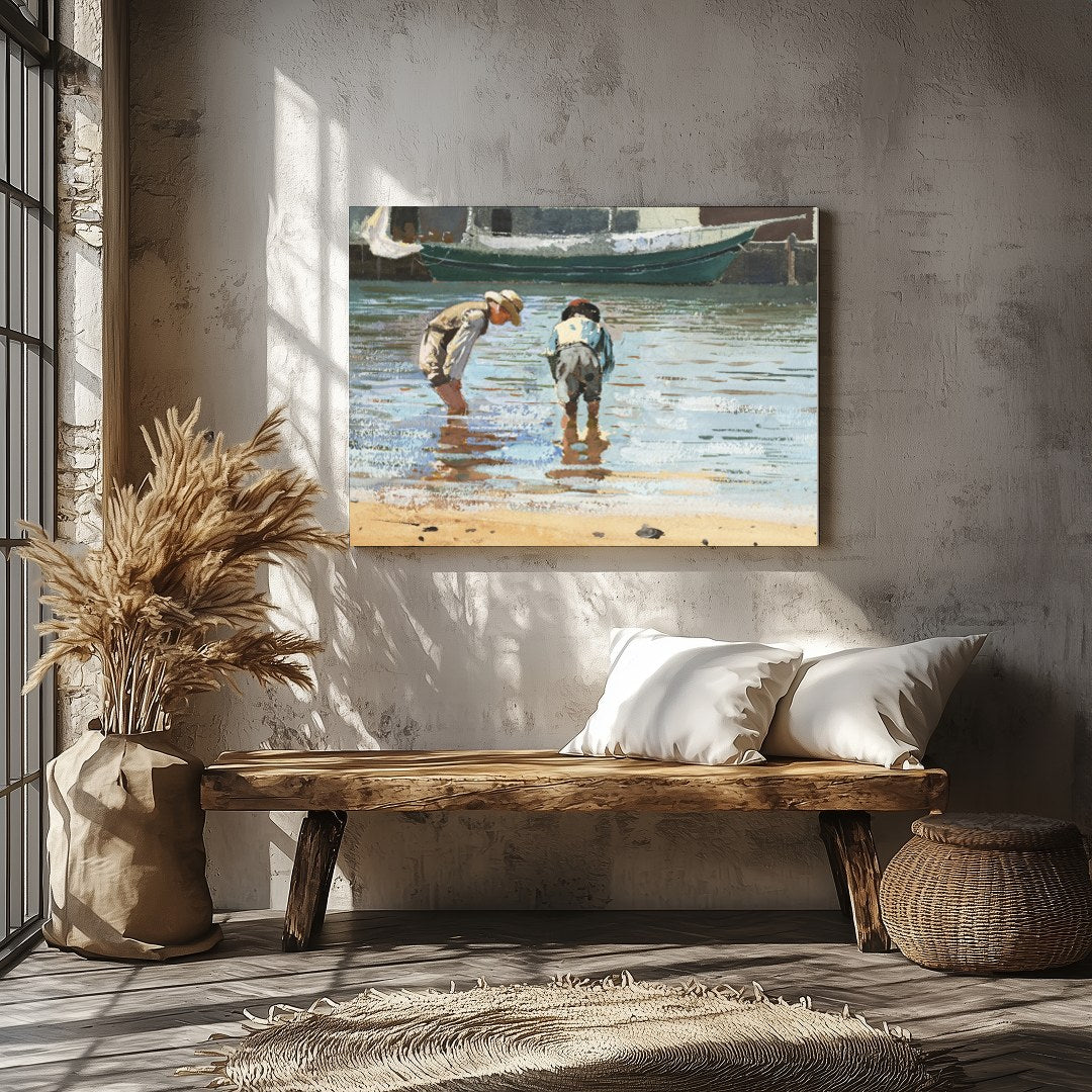 This captivating artwork captures the serene beauty of two individuals wading near the shoreline, for Veranda