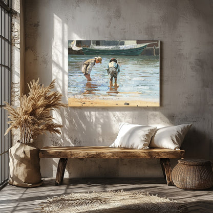 This captivating artwork captures the serene beauty of two individuals wading near the shoreline, for Veranda