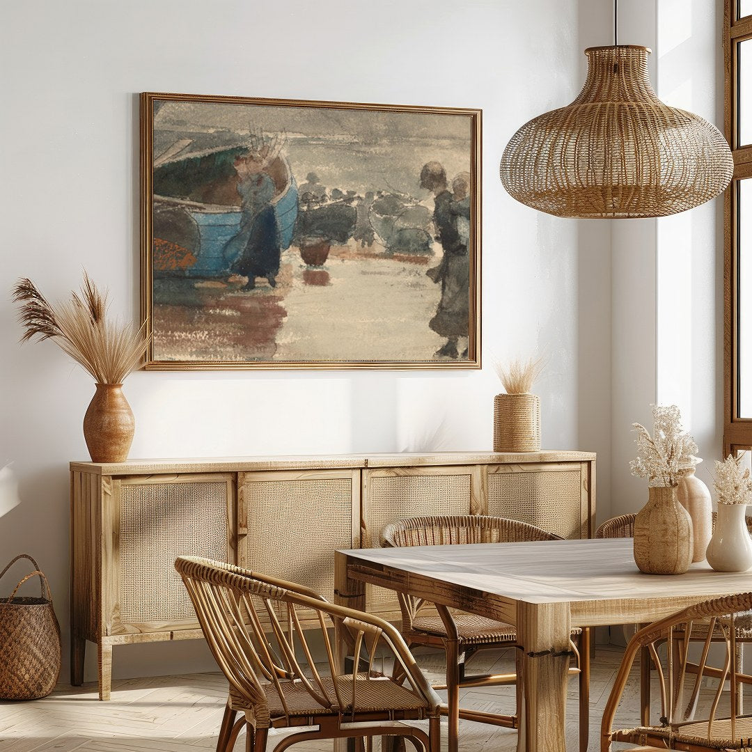 Immerse yourself in the tranquil beauty of this evocative seaside scene, where figures gather along for Dining