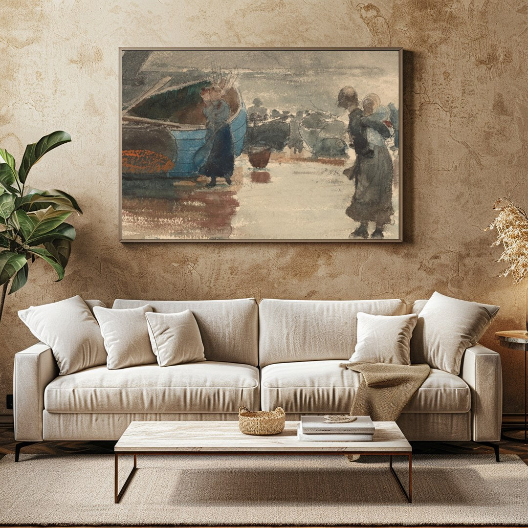 Immerse yourself in the tranquil beauty of this evocative seaside scene, where figures gather along for Family Room