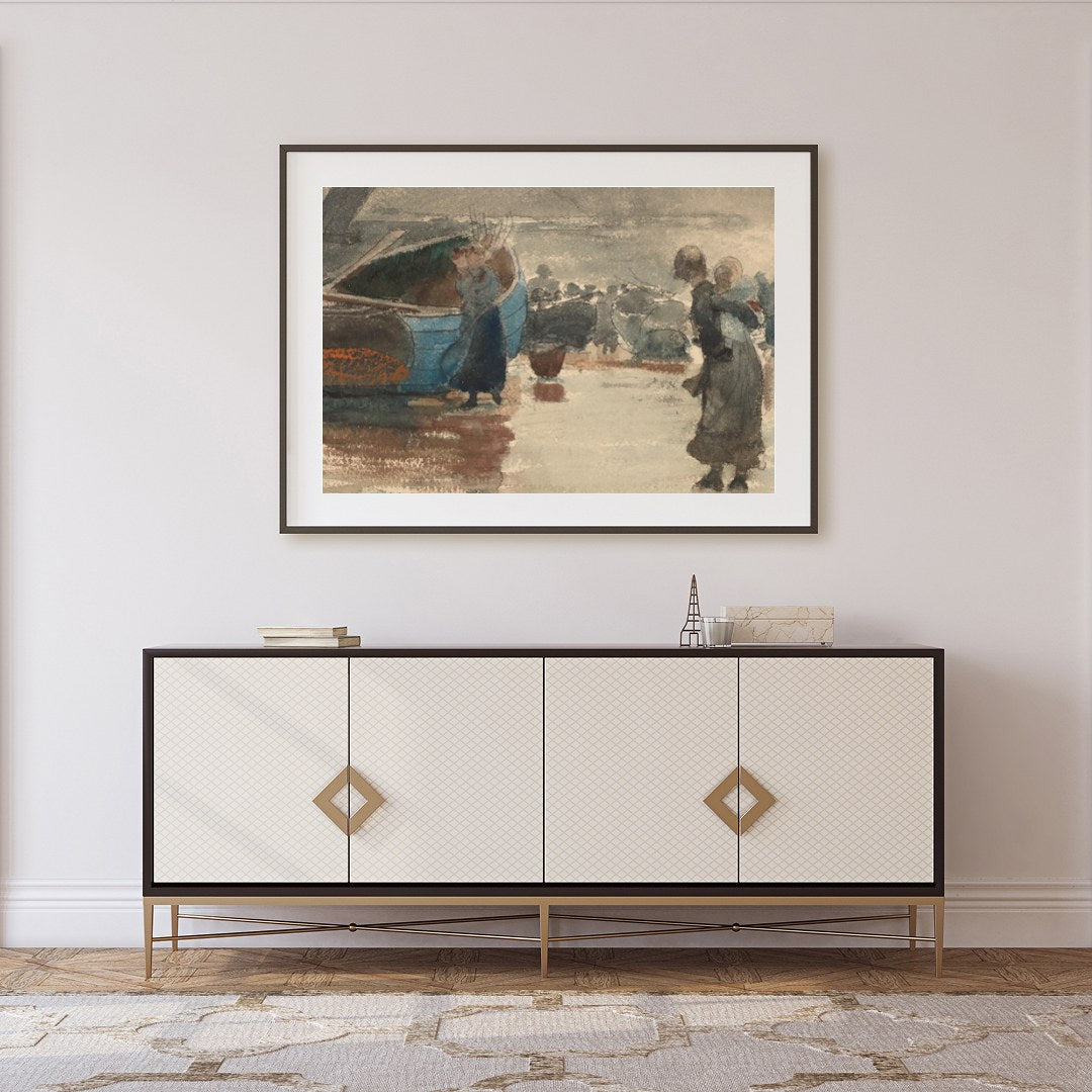 Immerse yourself in the tranquil beauty of this evocative seaside scene, where figures gather along for Foyer