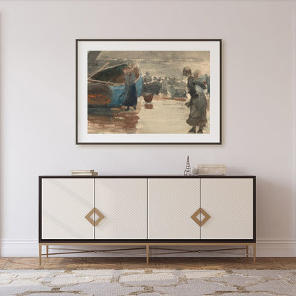 Immerse yourself in the tranquil beauty of this evocative seaside scene, where figures gather along for Foyer