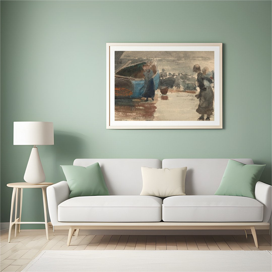 Immerse yourself in the tranquil beauty of this evocative seaside scene, where figures gather along for Hall
