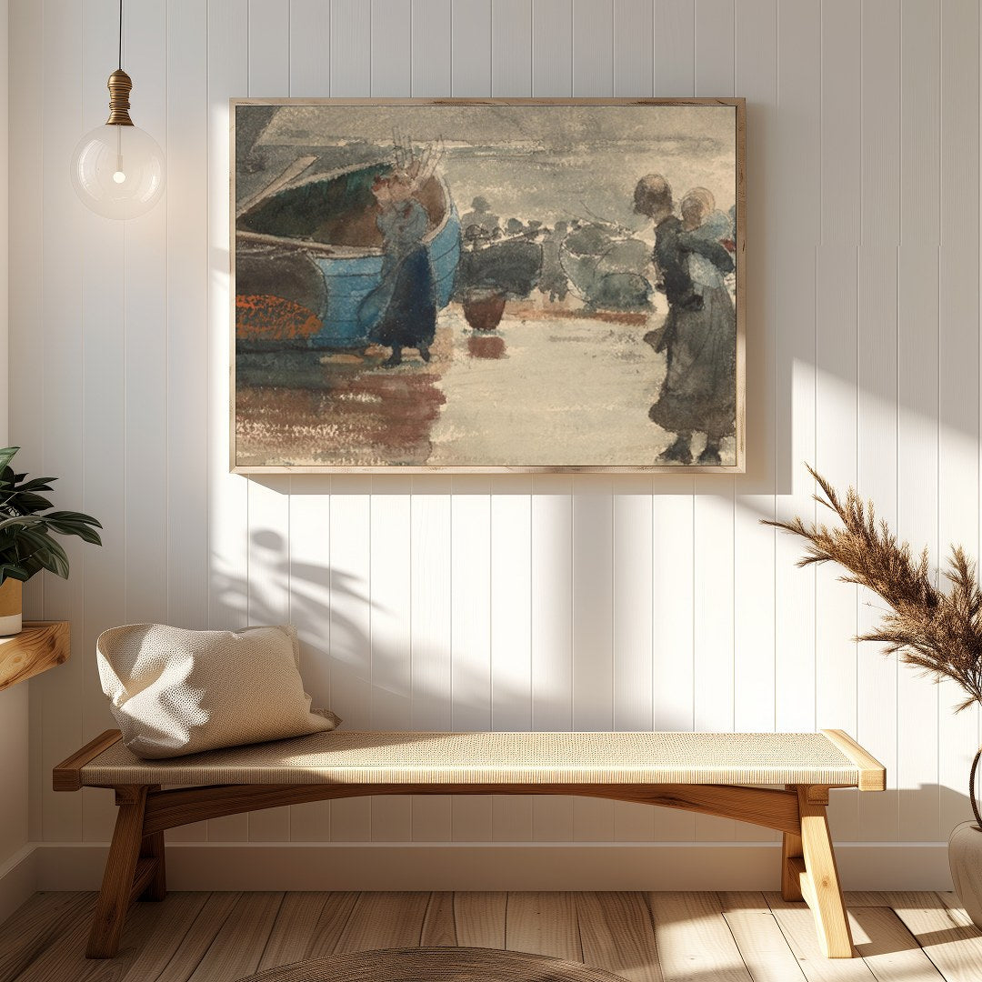 Immerse yourself in the tranquil beauty of this evocative seaside scene, where figures gather along for Hallway
