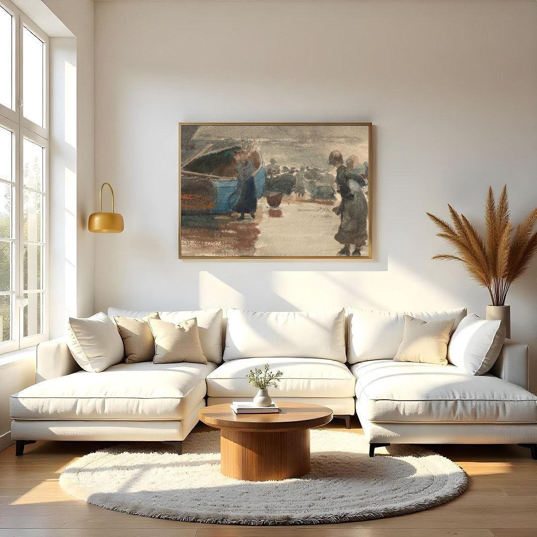 Immerse yourself in the tranquil beauty of this evocative seaside scene, where figures gather along for Living Room